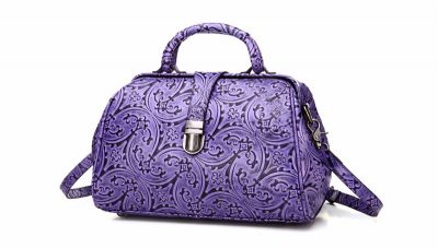 Purple embossed leather handbag-Left