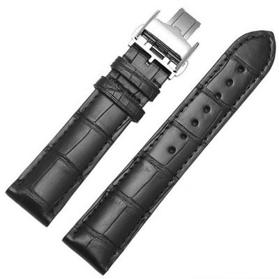 Genuine Alligator Leather Watch Band With Butterfly Buckle-Black