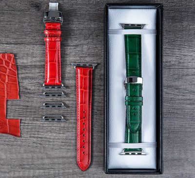 Genuine Alligator & Crocodile leather Apple Watch Bands Straps-Green and Red-Display