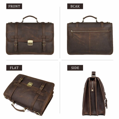 Leather Briefcase Messenger Anti-Theft 14 inch Laptop Business Travel Bags-Brown-Details
